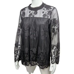 Ultra Pink Wimsigoth Witchy Black Lined Mock Neck Long Sleeve Lace Blouse  Large